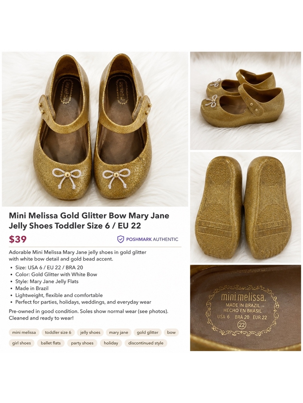 Mini Melissa Gold Glitter Bow Mary Jane Jelly Shoes Toddler Size 6 EU 22